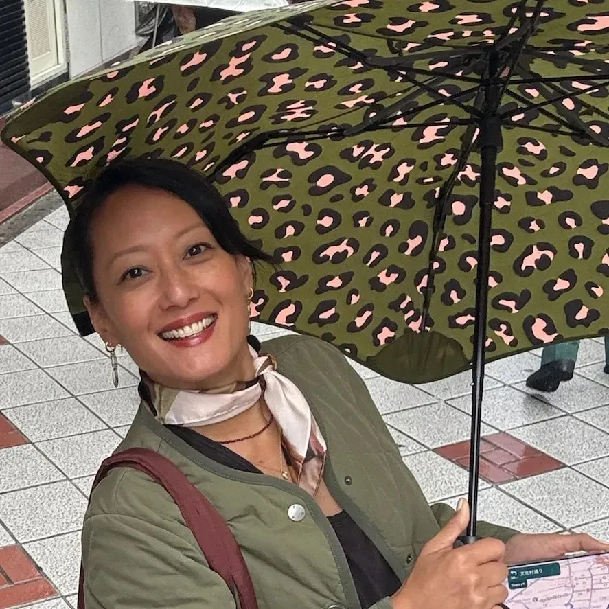 Liv with an umbrella
